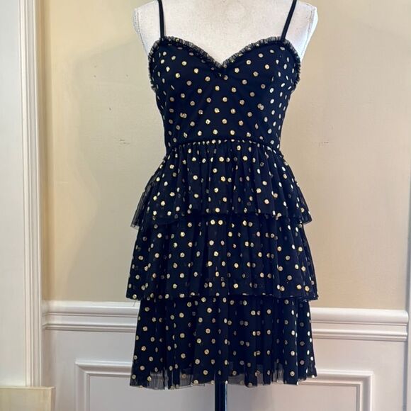 Lulu's Black and Gold Polka Dot Dress - Picture 1 of 7